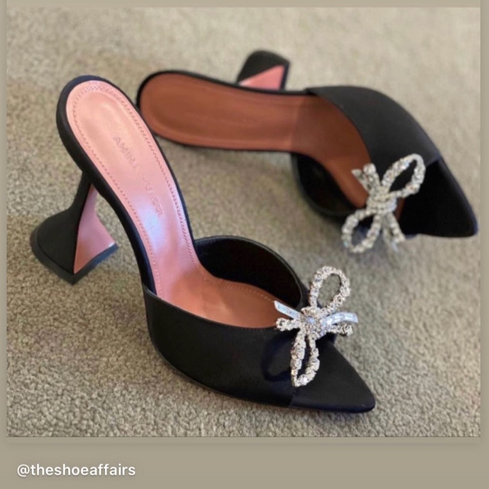 Amina Muaddi Black Heels with Crystal Bow